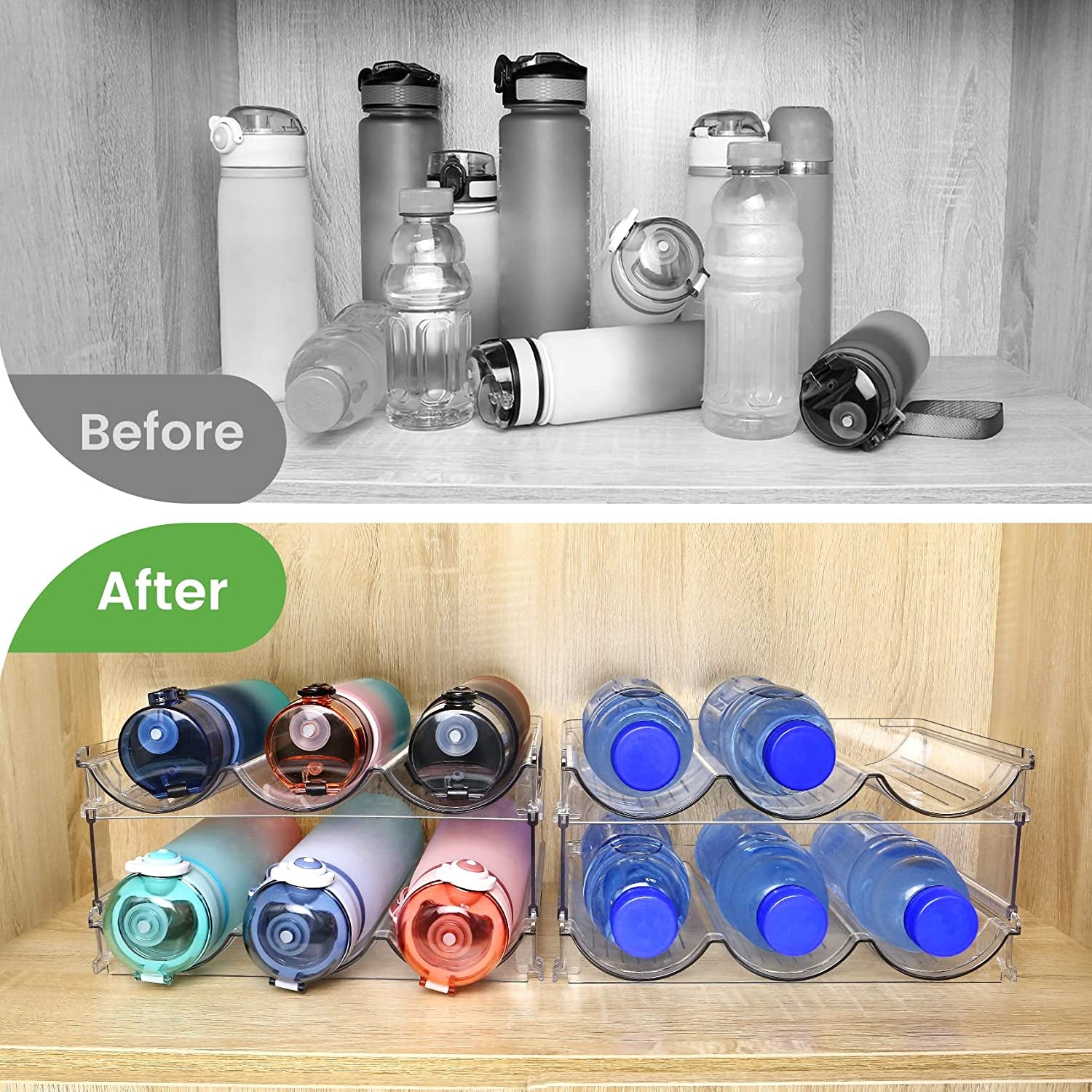 Water Bottle Storage Organizer - 2 Pack Stackable Rack for Cabinet, Fridge, Kitchen, and Pantry