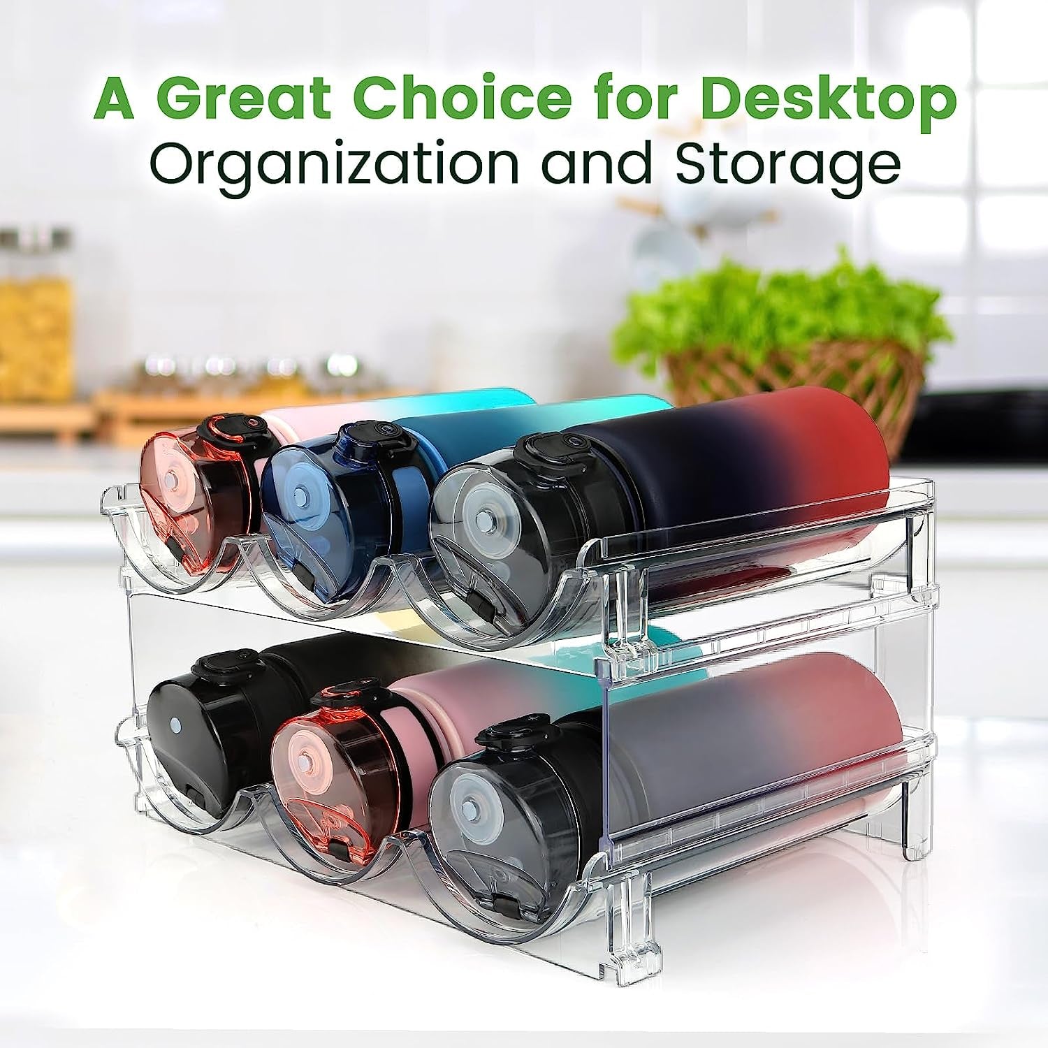 Water Bottle Storage Organizer - 2 Pack Stackable Rack for Cabinet, Fridge, Kitchen, and Pantry