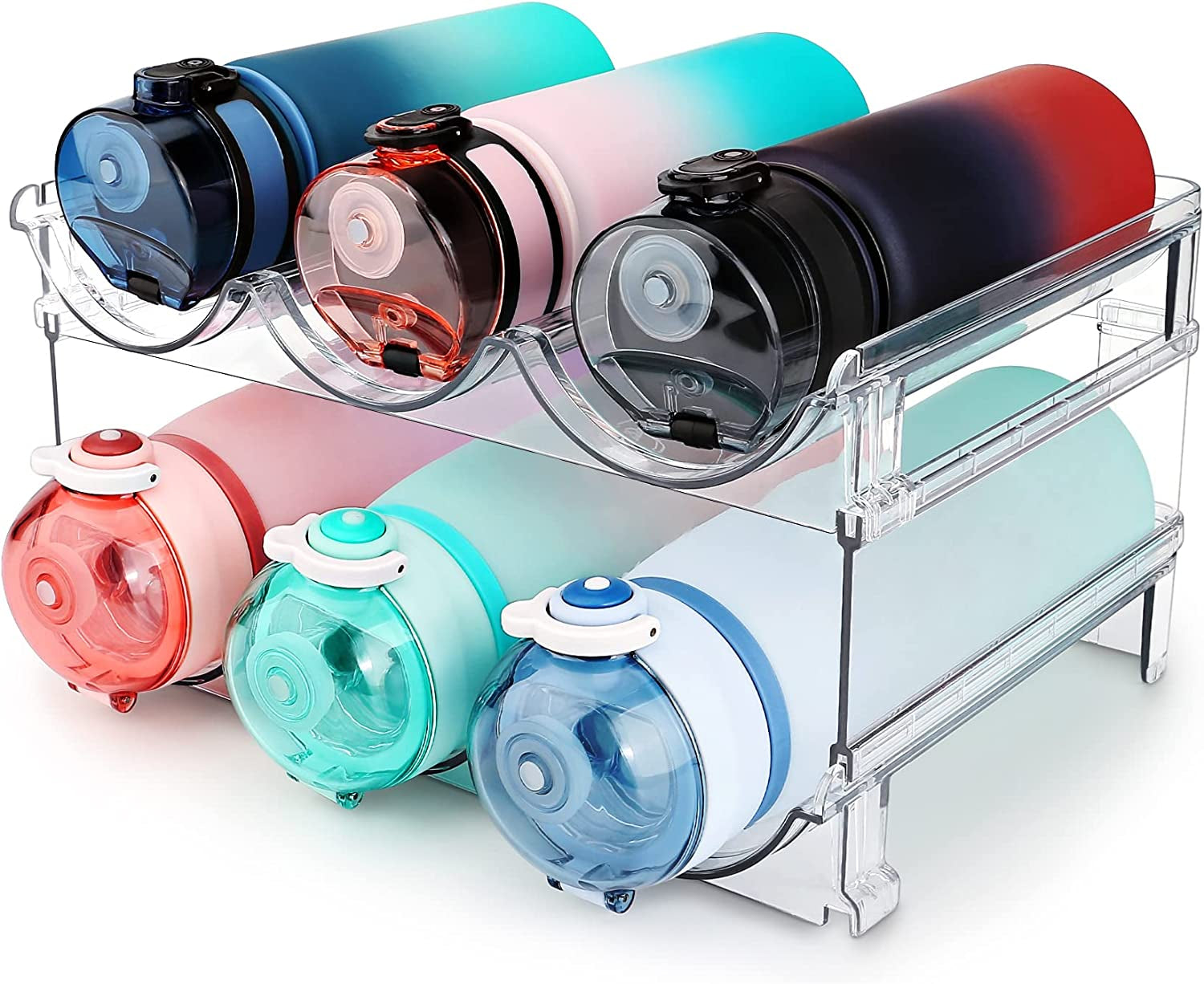 Water Bottle Storage Organizer - 2 Pack Stackable Rack for Cabinet, Fridge, Kitchen, and Pantry