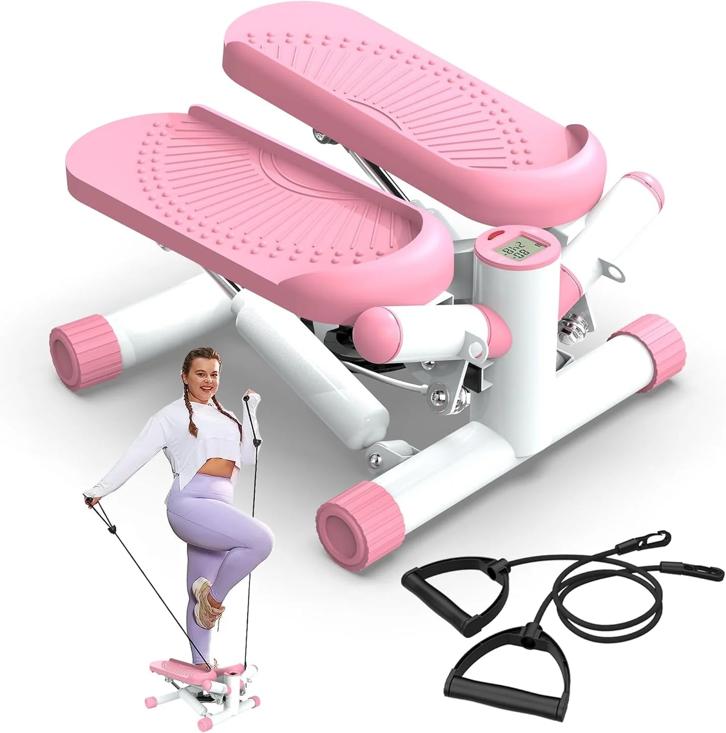 Steppers for Exercise at Home, Twist Stepper with 350LBS Loading Capacity, Mini Stepper with Resistance Bands, Hydraulic Fitness Stair Stepper for Home with LCD Monitor
