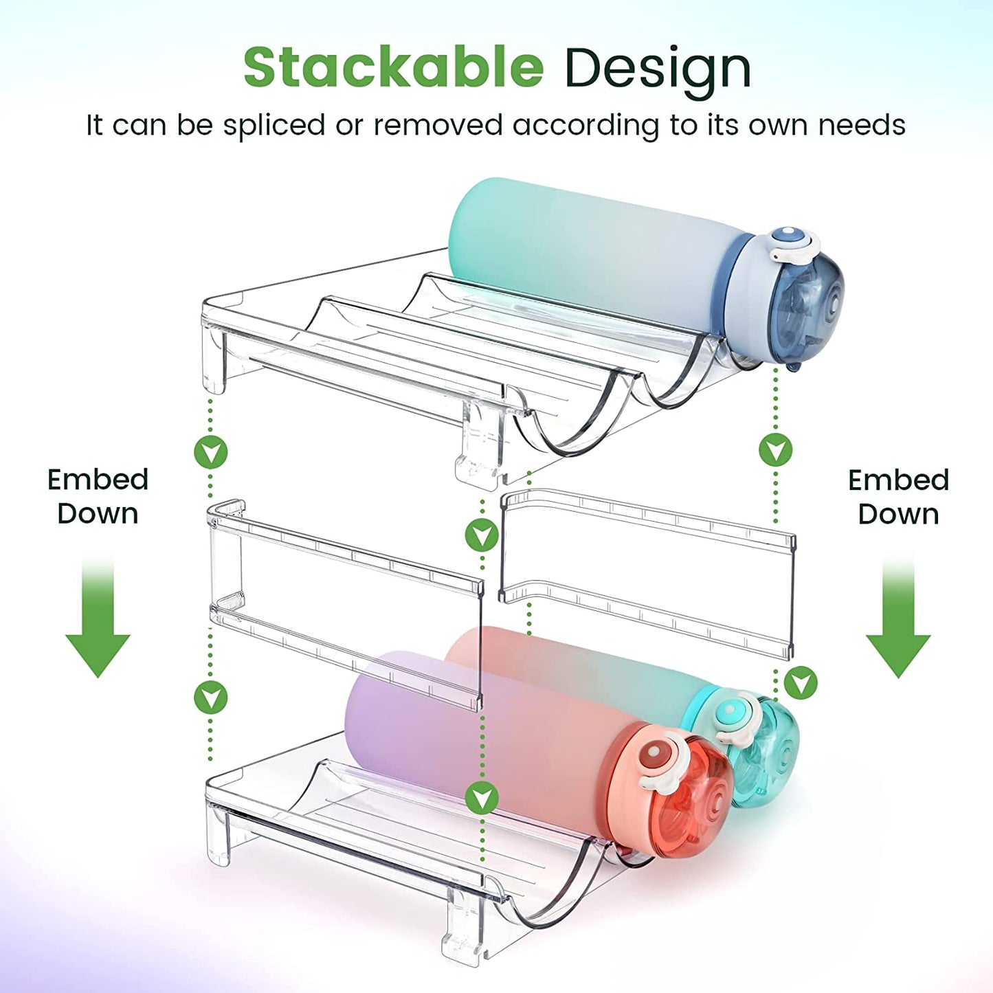 Water Bottle Storage Organizer - 2 Pack Stackable Rack for Cabinet, Fridge, Kitchen, and Pantry