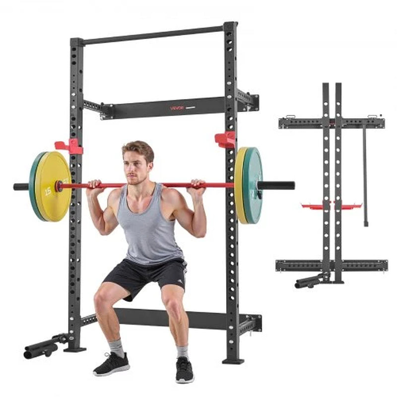 Folding Power Cage, Wall-Mounted Power Rack Squat Rack, Multifunctional Strength Training Workout Equipment with Landmine Holder, Adjustable J-Hooks & Pull-Up Bar for Home Gym, 1000LBS Capacity