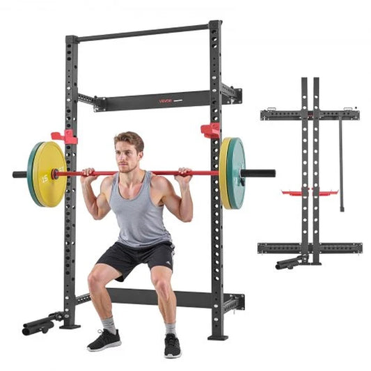 Folding Power Cage, Wall-Mounted Power Rack Squat Rack, Multifunctional Strength Training Workout Equipment with Landmine Holder, Adjustable J-Hooks & Pull-Up Bar for Home Gym, 1000LBS Capacity